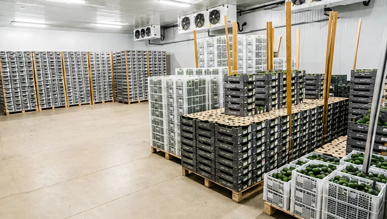 Crates of avocados stacked on pallets inside our cold store, cooling fans overhead